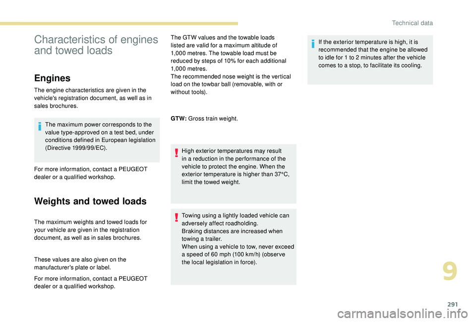 PEUGEOT 5008 2017 Owners Manual 291
Characteristics of engines
and towed loads
Engines
The engine characteristics are given in the
vehicle's registration document, as well as in
sales brochures.The maximum power corresponds t PEUGEOT 5008 2017 Owners Manual 291
Characteristics of engines
and towed loads
Engines
The engine characteristics are given in the
vehicle's registration document, as well as in
sales brochures.The maximum power corresponds t