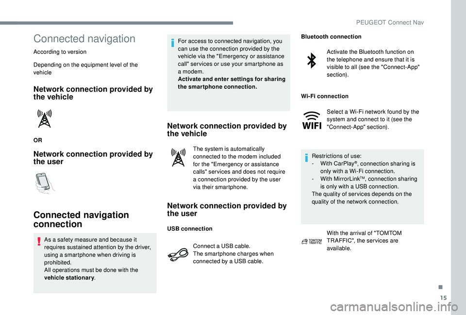 PEUGEOT 5008 2017 Owners Manual 15
Connected navigation
According to version
Depending on the equipment level of the
vehicle
Network connection provided by
the vehicle
OR
Network connection provided by
the user
Connected navigati PEUGEOT 5008 2017 Owners Manual 15
Connected navigation
According to version
Depending on the equipment level of the
vehicle
Network connection provided by
the vehicle
OR
Network connection provided by
the user
Connected navigati