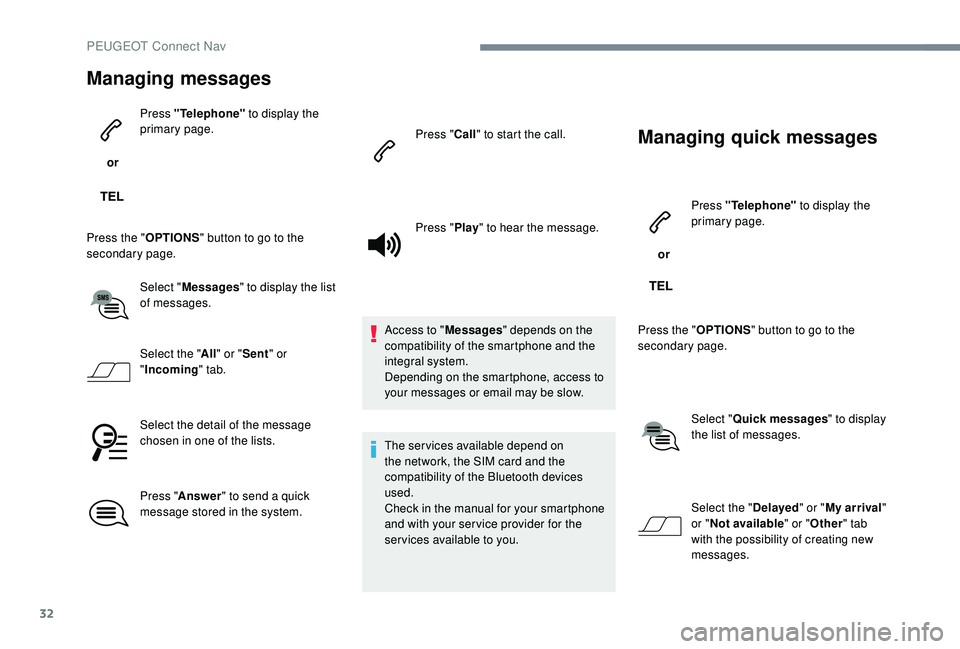 PEUGEOT 5008 2017 Owners Manual 32
Managing messages
or Press "Telephone"
to display the
primary page.
Press the " OPTIONS" button to go to the
secondary page.
Select "Messages " to display the list
of m PEUGEOT 5008 2017 Owners Manual 32
Managing messages
or Press "Telephone"
to display the
primary page.
Press the " OPTIONS" button to go to the
secondary page.
Select "Messages " to display the list
of m