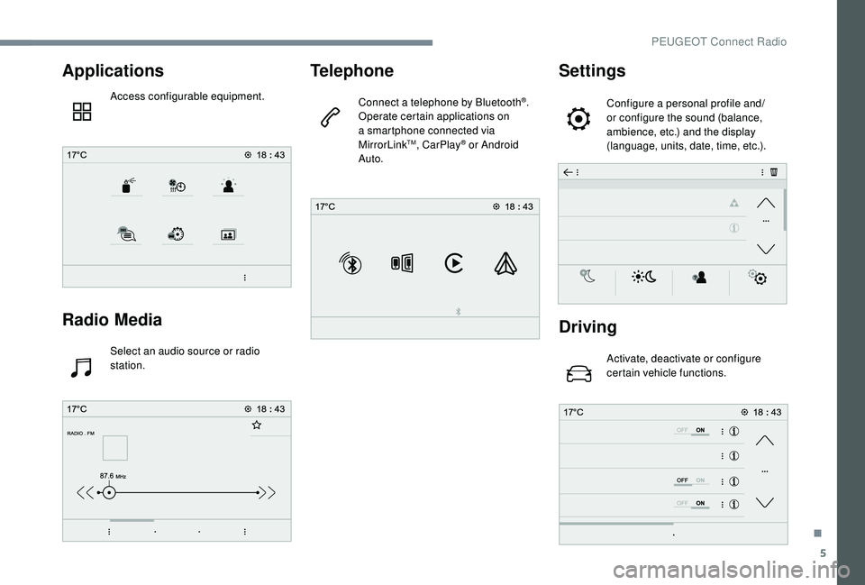 PEUGEOT 5008 2017  Owners Manual 5
Applications
Access configurable equipment.
Radio Media
Select an audio source or radio 
station.
Telephone
Connect a telephone by Bluetooth®.
Operate certain applications on 
a smartphone connecte