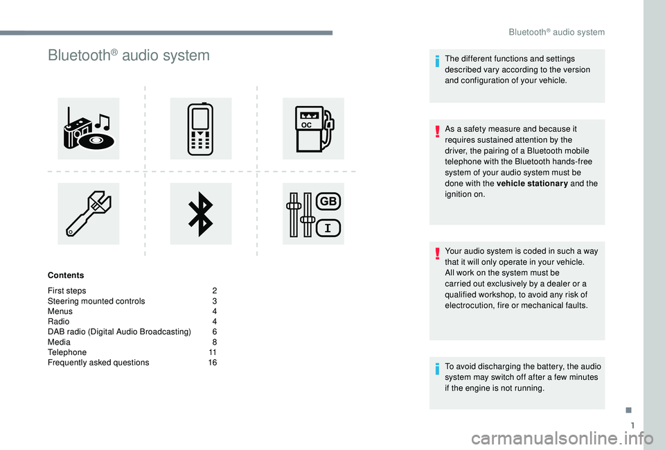 PEUGEOT 5008 2017 Owners Manual 1
Bluetooth® audio system
Contents
First steps
2
S
teering mounted controls
3
M
enus
4
R
adio
4
D
AB radio (Digital Audio Broadcasting)
6
M
edia
8
T
elephone
1
1
Frequently PEUGEOT 5008 2017 Owners Manual 1
Bluetooth® audio system
Contents
First steps
2
S
teering mounted controls
3
M
enus
4
R
adio
4
D
AB radio (Digital Audio Broadcasting)
6
M
edia
8
T
elephone
1
1
Frequently