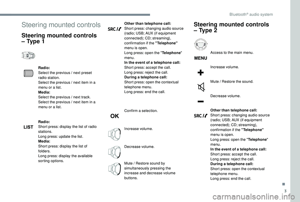 PEUGEOT 5008 2017 Owners Manual 3
Steering mounted controls
Steering mounted controls
– Type 1
Radio:
Select the previous / next preset
radio station.
Select the previous / next item in a
menu or a list.
Media:
Select the previ PEUGEOT 5008 2017 Owners Manual 3
Steering mounted controls
Steering mounted controls
– Type 1
Radio:
Select the previous / next preset
radio station.
Select the previous / next item in a
menu or a list.
Media:
Select the previ