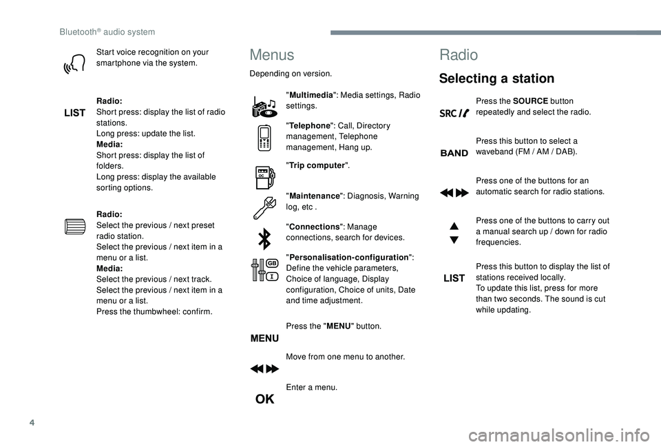 PEUGEOT 5008 2017 Owners Manual 4
Start voice recognition on your
smartphone via the system.
Radio:
Short press: display the list of radio
stations.
Long press: update the list.
Media:
Short press: display the list of
folders.
Lo PEUGEOT 5008 2017 Owners Manual 4
Start voice recognition on your
smartphone via the system.
Radio:
Short press: display the list of radio
stations.
Long press: update the list.
Media:
Short press: display the list of
folders.
Lo