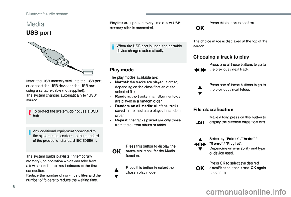 PEUGEOT 5008 2017 Owners Manual 8
Media
USB port
To protect the system, do not use a USB
hub.
Any additional equipment connected to
the system must conform to the standard
of the product or standard IEC 60950 -1.Playlists are upd PEUGEOT 5008 2017 Owners Manual 8
Media
USB port
To protect the system, do not use a USB
hub.
Any additional equipment connected to
the system must conform to the standard
of the product or standard IEC 60950 -1.Playlists are upd