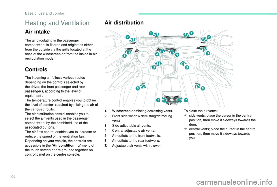 PEUGEOT 5008 2017  Owners Manual 94
Heating and Ventilation
Air intake
The air circulating in the passenger 
compartment is filtered and originates either 
from the outside via the grille located at the 
base of the windscreen or fro
