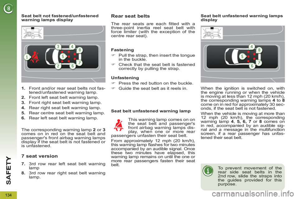 PEUGEOT 5008 2013  Owners Manual SA
F
134
   
 
1. 
  Front and/or rear seat belts not fas-
tened/unfastened warning lamp. 
   
2. 
  Front left seat belt warning lamp. 
   
3. 
  Front right seat belt warning lamp. 
   
4. 
  Rear r