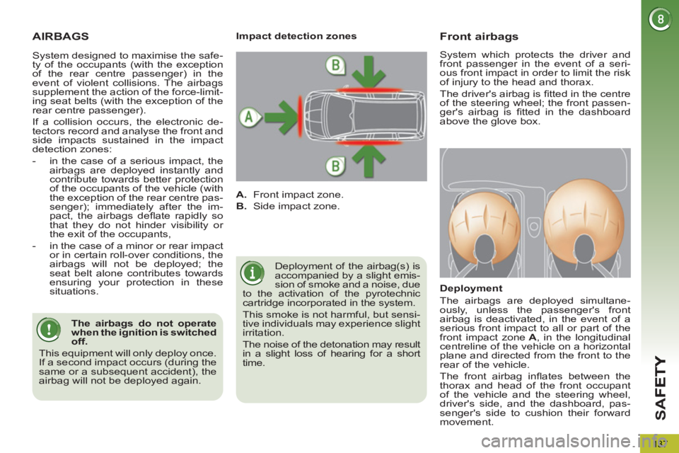 PEUGEOT 5008 2013  Owners Manual SA
F
137
AIRBAGS
  Deployment of the airbag(s) is 
accompanied by a slight emis-
sion of smoke and a noise, due 
to the activation of the pyrotechnic 
cartridge incorporated in the system. 
  This smo