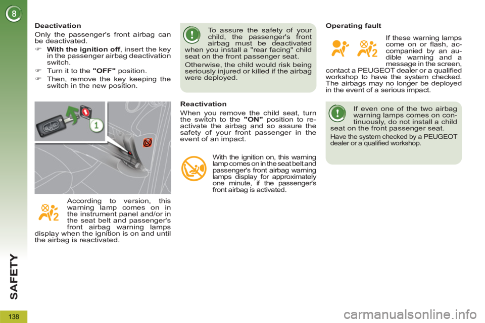 PEUGEOT 5008 2013  Owners Manual SA
F
138
   
If even one of the two airbag 
warning lamps comes on con-
tinuously, do not install a child 
seat on the front passenger seat. 
  Have the system checked by a PEUGEOT 
dealer or a quali