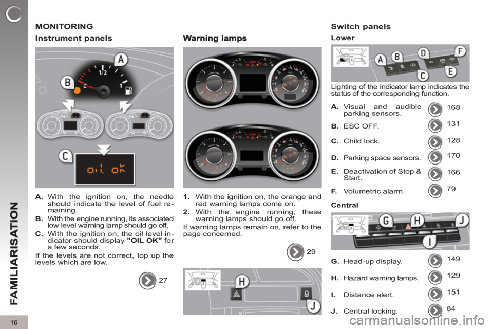 PEUGEOT 5008 2013  Owners Manual FA
M
16
  MONITORING
   
Instrument 
panels
 
 
 
A. 
 With the ignition on, the needle 
should indicate the level of fuel re-
maining. 
   
B. 
  With the engine running, its associated 
low level wa