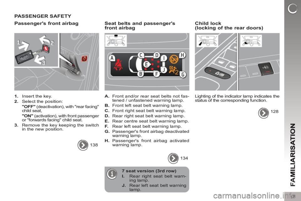 PEUGEOT 5008 2013 User Guide FA
M
17
PASSENGER SAFETY
Passen
gers front airbag
1.
Insert the key.
2.
Select the position:
"OFF"
(deactivation), with "rear facing"
child seat,
"ON"
(activation), PEUGEOT 5008 2013 User Guide FA
M
17
PASSENGER SAFETY
Passen
gers front airbag
1.
Insert the key.
2.
Select the position:
"OFF"
(deactivation), with "rear facing"
child seat,
"ON"
(activation),