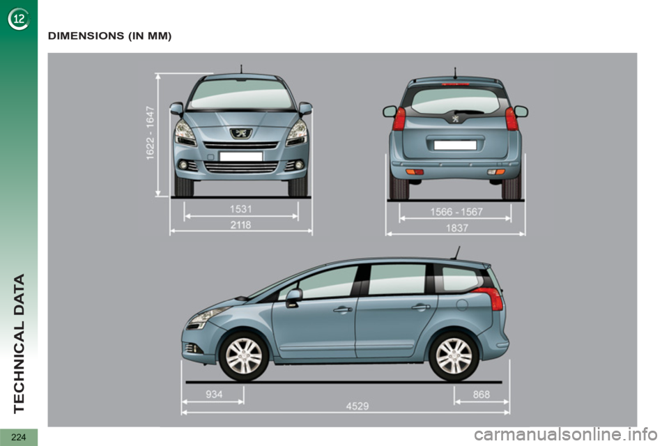 PEUGEOT 5008 2013  Owners Manual TECHNICAL DATA
224
DIMENSIONS (IN MM) 
