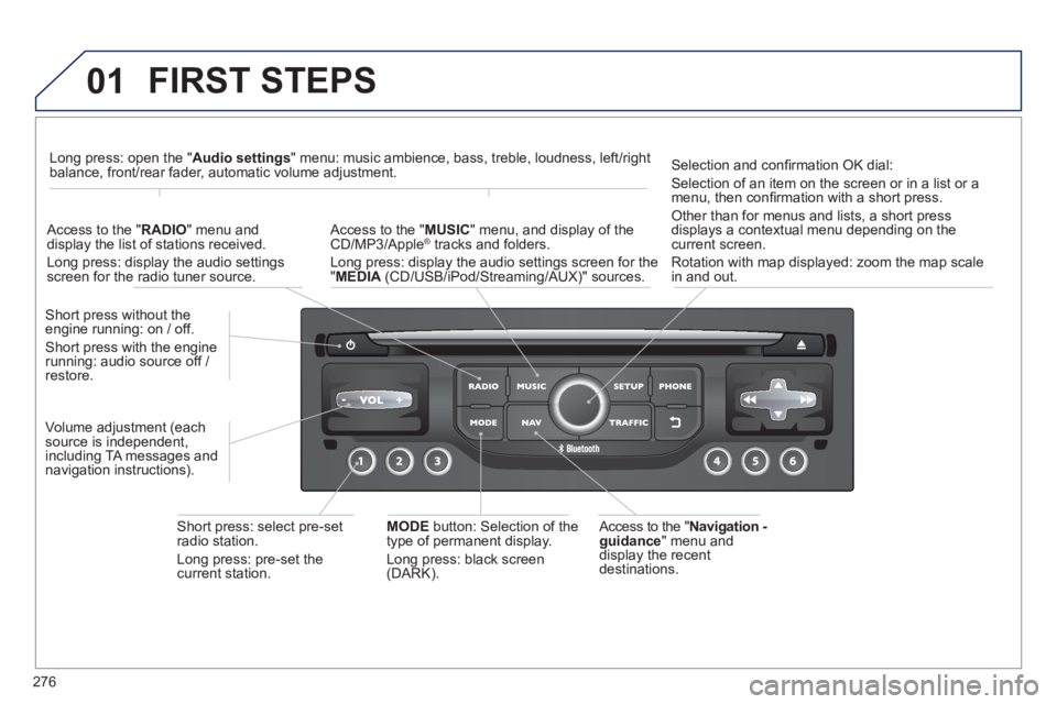PEUGEOT 5008 2013 Owners Manual 276
01 FIRST STEPS
Access to the "Navigation -guidance
" menu anddisplay the recentdestinations. Short
press without the engine running: on / off.
Short press with the enginerunning: audio sour PEUGEOT 5008 2013 Owners Manual 276
01 FIRST STEPS
Access to the "Navigation -guidance
" menu anddisplay the recentdestinations. Short
press without the engine running: on / off.
Short press with the enginerunning: audio sour