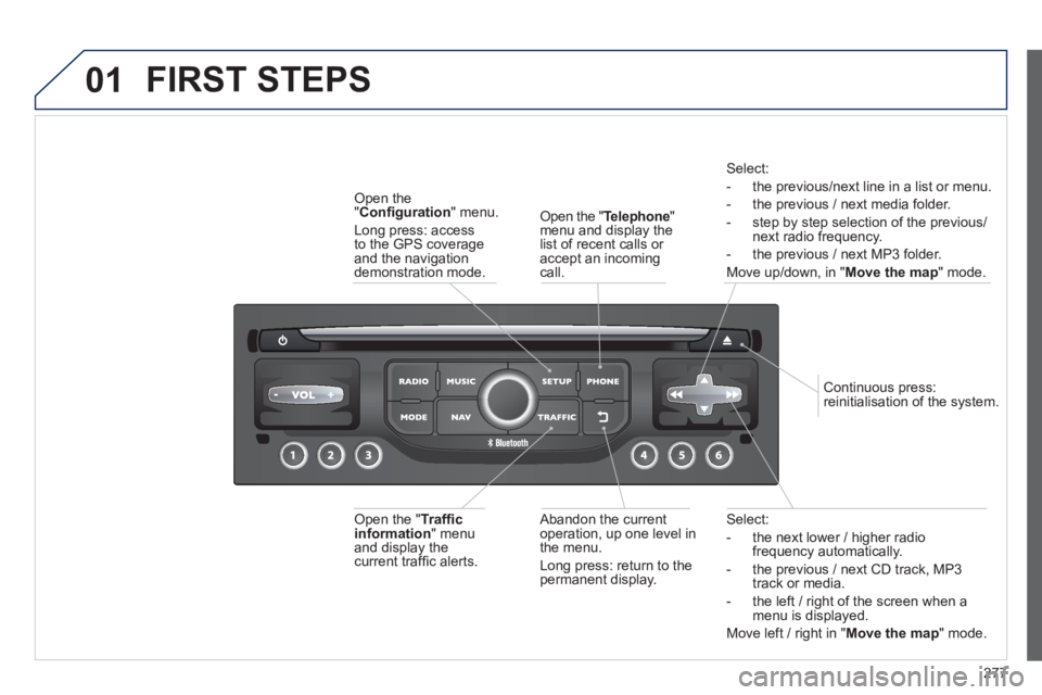 PEUGEOT 5008 2013 Owners Manual 277
01
Select:
- the next lower / hi
gher radiofrequency automatically.
- the previous
/ next CD track, MP3
track or media.
- the le
ft / right of the screen when a menu is displayed.
Move left PEUGEOT 5008 2013 Owners Manual 277
01
Select:
- the next lower / hi
gher radiofrequency automatically.
- the previous
/ next CD track, MP3
track or media.
- the le
ft / right of the screen when a menu is displayed.
Move left