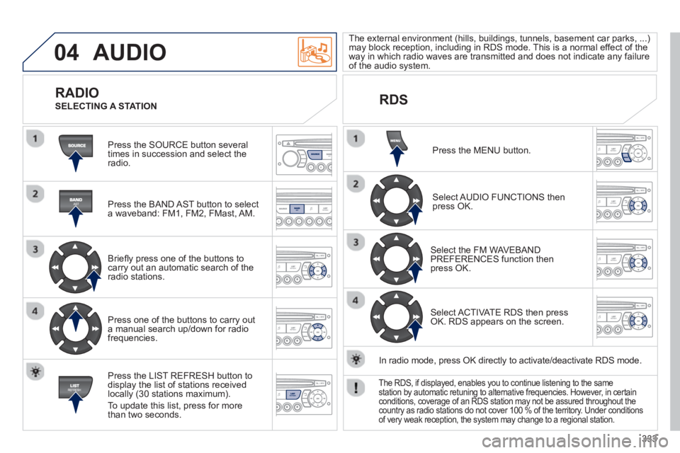 PEUGEOT 5008 2013 Owners Manual 333
04 AUDIO
Press the SOURCE button several
times in succession and select theradio.
Press the BAND A
ST button to select
a waveband: FM1, FM2, FMast, AM.
Briefl
y press one of th PEUGEOT 5008 2013 Owners Manual 333
04 AUDIO
Press the SOURCE button several
times in succession and select theradio.
Press the BAND A
ST button to select
a waveband: FM1, FM2, FMast, AM.
Briefl
y press one of th
