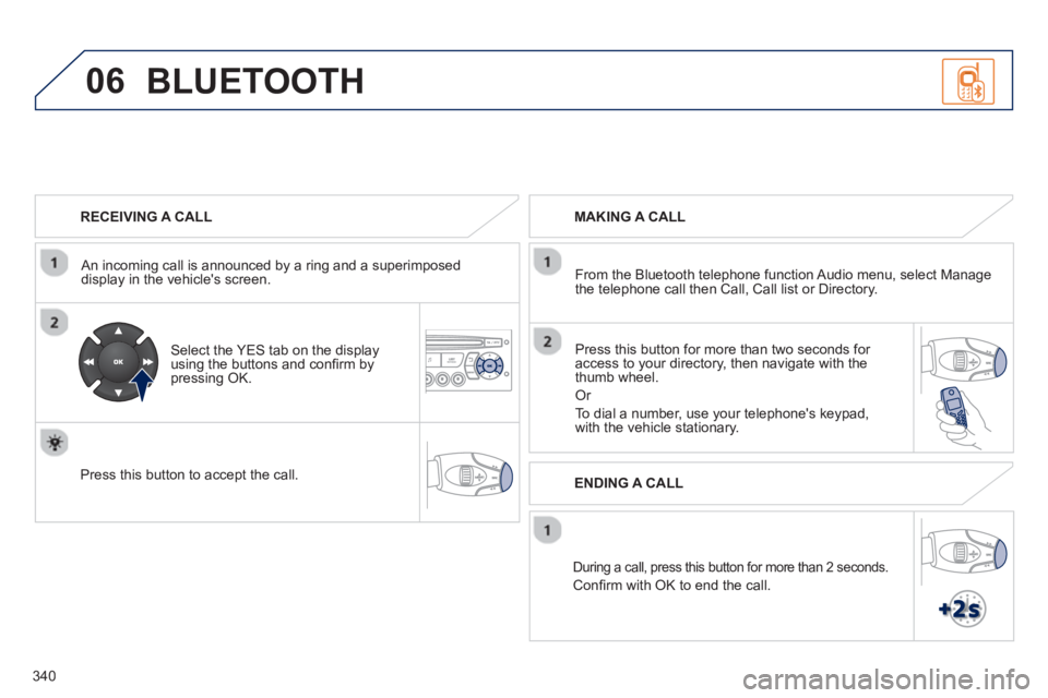 PEUGEOT 5008 2013 Owners Manual 340
06
RECEIVING A CALL
An incomin
g call is announced by a ring and a superimposed
display in the vehicles screen.
Select the YES tab on the display
using the buttons and confi rm PEUGEOT 5008 2013 Owners Manual 340
06
RECEIVING A CALL
An incomin
g call is announced by a ring and a superimposed
display in the vehicles screen.
Select the YES tab on the display
using the buttons and confi rm