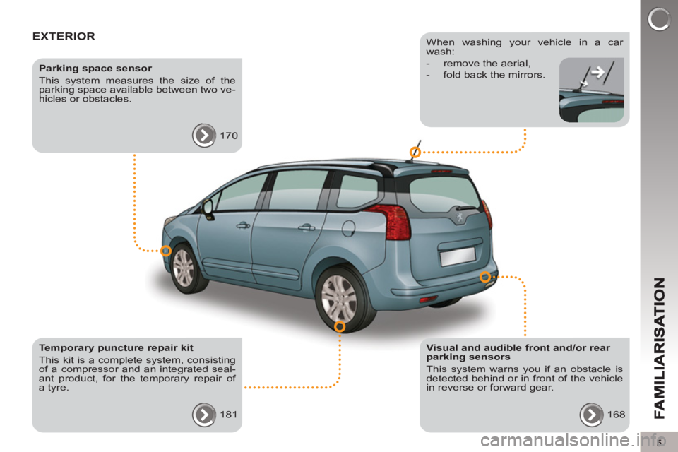 PEUGEOT 5008 2013 Owners Manual 5
EXTERIOR
Visual and audible front and/or rear
parking sensors
This system warns you if an obstacle is
detected behind or in front of the vehicle
in reverse or forward gear.
168
PEUGEOT 5008 2013 Owners Manual 5
EXTERIOR
Visual and audible front and/or rear
parking sensors
This system warns you if an obstacle is
detected behind or in front of the vehicle
in reverse or forward gear.
168