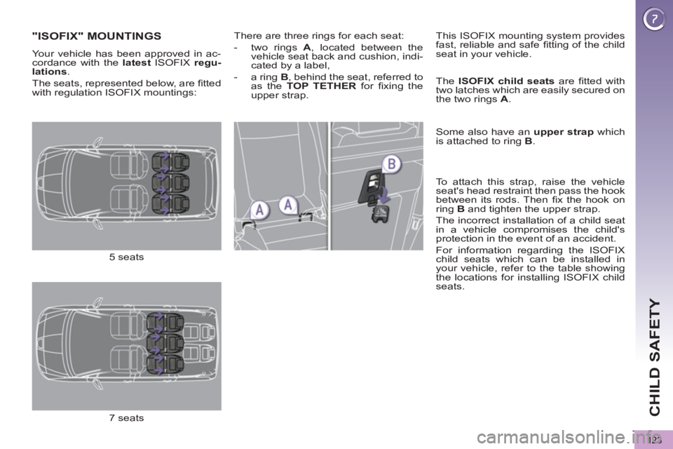 PEUGEOT 5008 2011  Owners Manual CHILD SAFETY
123
"ISOFIX" MOUNTINGS 
  Your vehicle has been approved in ac-
cordance with the  latest  
ISOFIX  regu-
lation 
 
s 
. 
  The seats, represented below, are ﬁ tted 
with regulation ISO