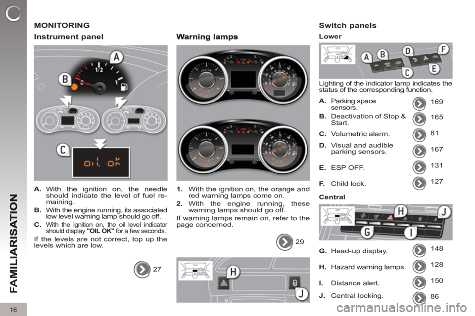 PEUGEOT 5008 2011 User Guide FA
M
16
MONITORING
Instrument
panel
A.
With the ignition on, the needle
should indicate the level of fuel re-
maining.
B.
With the engine running, its associated
low level wa PEUGEOT 5008 2011 User Guide FA
M
16
MONITORING
Instrument
panel
A.
With the ignition on, the needle
should indicate the level of fuel re-
maining.
B.
With the engine running, its associated
low level wa