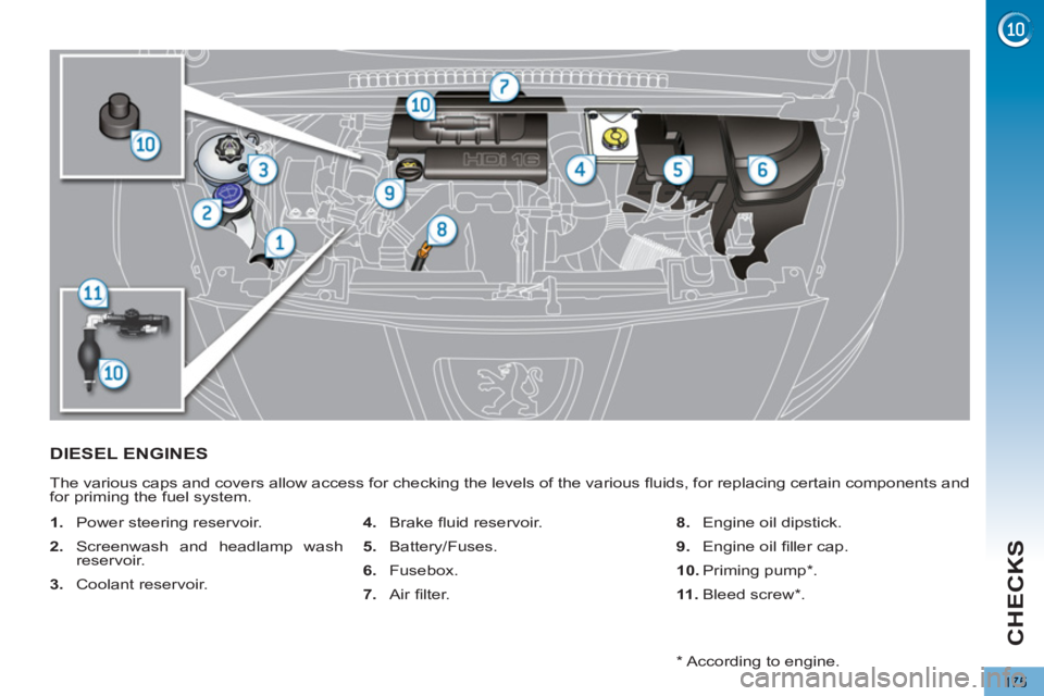 PEUGEOT 5008 2011  Owners Manual CHECKS
175
DIESEL ENGINES 
  The various caps and covers allow access for checking the levels of the various ﬂ uids, for replacing certain components and 
for priming the fuel system. 
   
 
1. 
  P