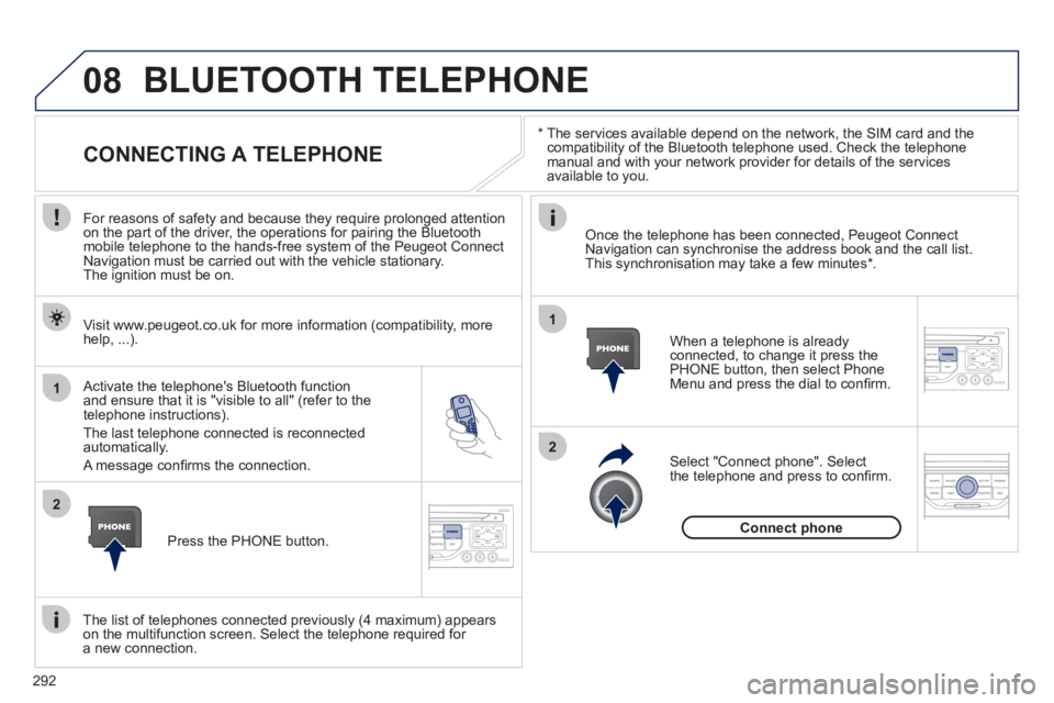 PEUGEOT 5008 2011 Owners Manual 292
08
1
2
2
1
*
The services available depend on the network, the SIM card and the compatibility of the Bluetooth telephone used. Check the telephone manual and with your network provider for PEUGEOT 5008 2011 Owners Manual 292
08
1
2
2
1
*
The services available depend on the network, the SIM card and the compatibility of the Bluetooth telephone used. Check the telephone manual and with your network provider for