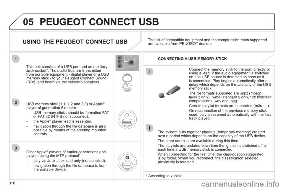 PEUGEOT 5008 2011 Owners Manual 310
05
1
1
2
3
The system puts together playlists (temporary memory) createdover a period which depends on the capacity of the USB device.
The other sources are available durin
g this time.
T PEUGEOT 5008 2011 Owners Manual 310
05
1
1
2
3
The system puts together playlists (temporary memory) createdover a period which depends on the capacity of the USB device.
The other sources are available durin
g this time.
T