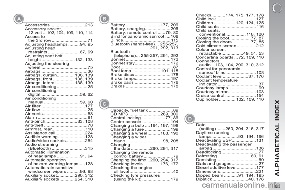 PEUGEOT 5008 2011  Owners Manual ALPHABETICAL INDEX
325
Accessories ...........................213
Accessory socket, 
12 volt ...102, 104, 109, 110, 114
Access to 
the 3rd row ............................71
Adjusting headlamps ......