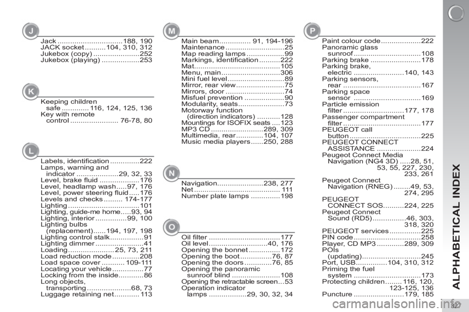 PEUGEOT 5008 2011  Owners Manual ALPHABETICAL INDEX
327
Main beam ............... 91, 194-196
Maintenance ............................25
Map reading lamps ..................99
Markings, identiﬁ cation ..........222
Mat.............