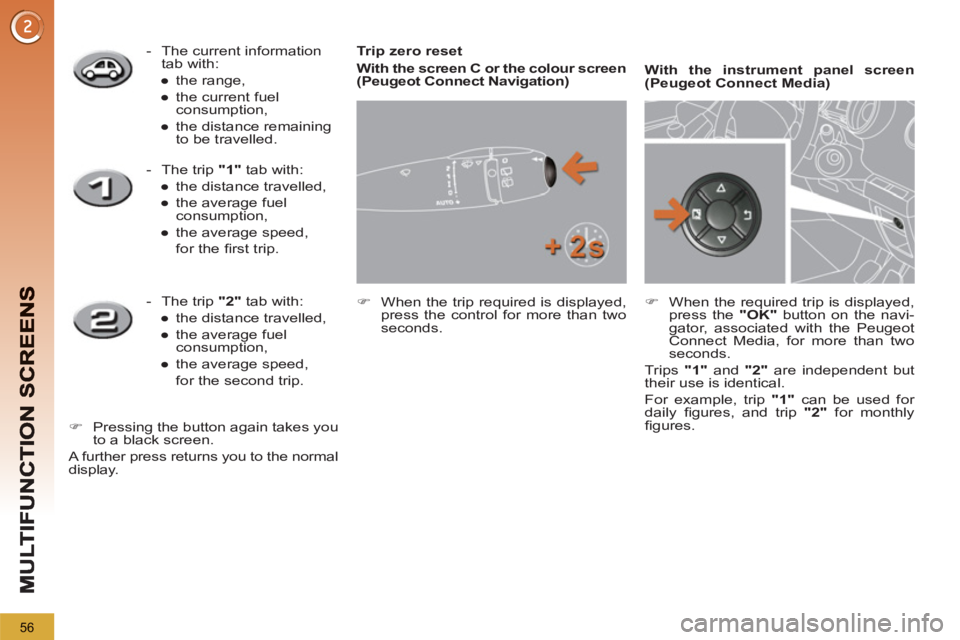 PEUGEOT 5008 2011 Workshop Manual 56
   
Trip zero reset 
   
With the screen C or the colour screen 
(Peugeot Connect Navigation)   
   
 
�) 
  When the trip required is displayed, 
press the control for more than two 
seconds.     