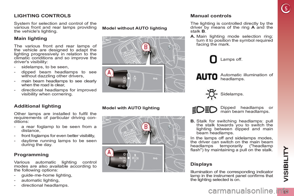 PEUGEOT 5008 2011  Owners Manual VIS
91
LIGHTING CONTROLS 
  System for selection and control of the 
various front and rear lamps providing 
the vehicles lighting. 
Main lighting 
  The various front and rear lamps of 
the vehicle 