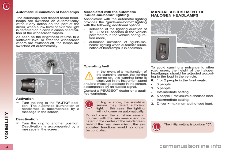 PEUGEOT 5008 2011  Owners Manual VIS
94
   
In fog or snow, the sunshine 
sensor may detect sufﬁ cient 
light. In this case, the lighting 
will not come on automatically. 
  Do not cover the sunshine sensor, 
coupled with the rain 