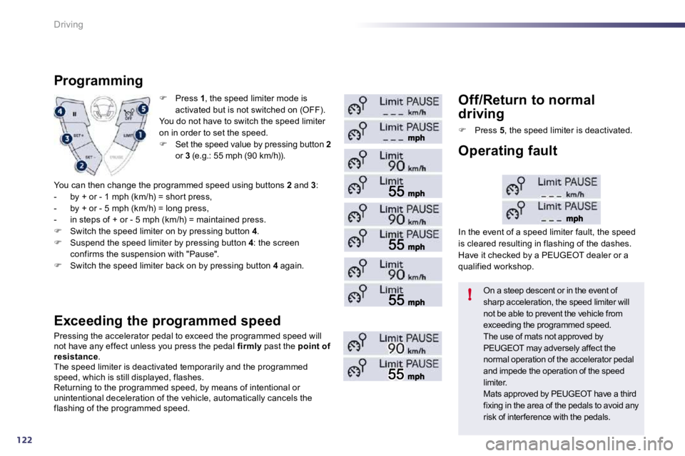 PEUGEOT 508 2010  Owners Manual 122
!
Driving
�   Press  1 , the speed limiter mode is activated but is not switched on (OFF).   You do not have to switch the speed limiter on in order to set the speed. �   Set the speed value