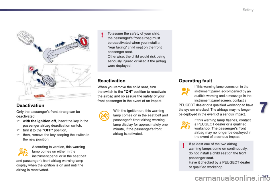 PEUGEOT 508 2010  Owners Manual 7167
!
!
Safety
  Deactivation 
 Only the passengers front airbag can be deactivated: �    with the ignition off , inser t the key in the n offpassenger airbag deactivation switch, �   turn it 