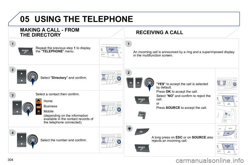 PEUGEOT 508 2010  Owners Manual   
  
304
1
2
1
4
2
3
05 USING THE TELEPHONE 
� � �R�e�p�e�a�t� �t�h�e� �p�r�e�v�i�o�u�s� �s�t�e�p� � 1  to display �t�h�e� �"� TELEPHONE� �"� �m�e�n�u�.� � 
� � �S�e�l�e�c�t� �"� Director