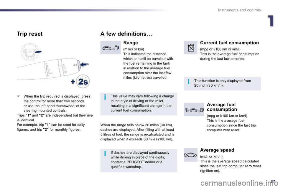 PEUGEOT 508 2010 Owners Guide 137
i
i
i
Instruments and controls
 If dashes are displayed continuously 
while driving in place of the digits, contact a PEUGEOT dealer or a qualified workshop.  
 This function is only displayed fro