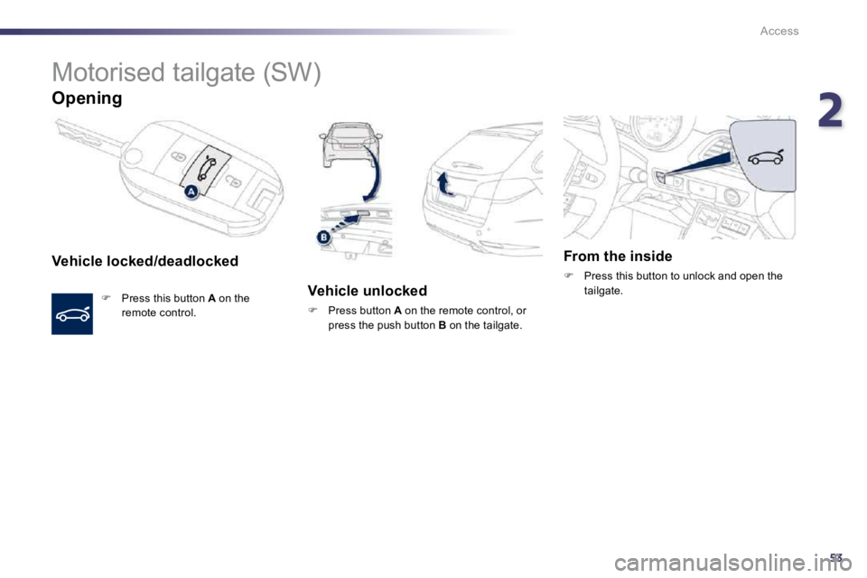 PEUGEOT 508 2010 Repair Manual 253
Access
 Motorised tailgate (SW) 
  Opening 
  Vehicle locked/deadlocked 
�   Press this button  A  on the remote control.   
  Vehicle unlocked 
�   Press button  A  on the remote control, o