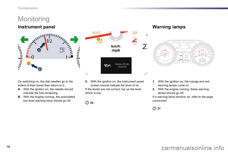 PEUGEOT 508 DAG 2010 User Guide 16
Familiarisation 
 Monitoring 
 On switching on, the dial needles go to the extent of their travel then return to 0. A.   With the ignition on, the needle should indicate the fuel remaining. B.   Wi