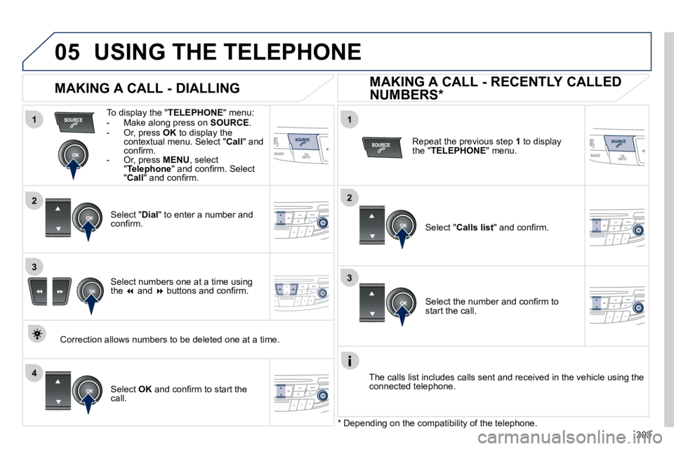 PEUGEOT 508 DAG 2010  Owners Manual 303
  
  
1
2
1
4
2
33
05
  USING THE TELEPHONE  
� � �T�o� �d�i�s�p�l�a�y� �t�h�e� �"� TELEPHONE� �"� �m�e�n�u�:� � � � �-� �  �M�a�k�e� �a�l�o�n�g� �p�r�e�s�s� �o�n� � SOURCE . � � �-� �  �O