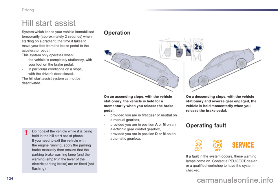 PEUGEOT 508 HYBRID DAG 2012  Owners Manual 124
Driving
   
 
 
 
 
Hill start assist 
System which keeps your vehicle immobilised
temporarily (approximately 2 seconds) whenstarting on a gradient, the time it takes to move your foot from the br