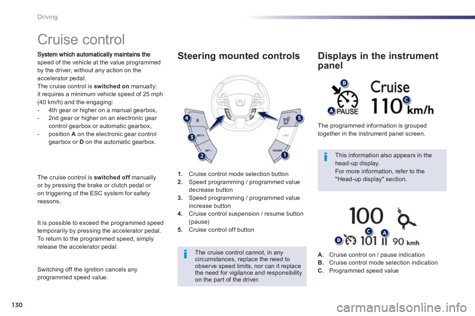 PEUGEOT 508 HYBRID DAG 2012  Owners Manual 130
Driving
   
 
 
 
 
Cruise control 
speed of the vehicle at the value programmed 
by the driver, without any action on the 
accelerator pedal. The cruise control is switched on 
 manually: 
it req