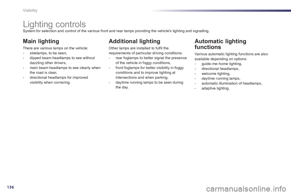 PEUGEOT 508 HYBRID DAG 2012  Owners Manual 136
Visibility
   
 
 
 
 
 
 
 
 
 
 
 
 
 
Lighting controls System for selection and control of the various front and rear lamps providing the vehicles lighting and signalling. 
Main lighting 
The