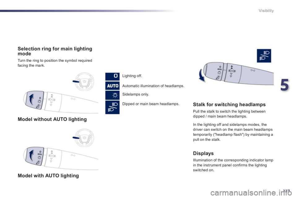 PEUGEOT 508 HYBRID DAG 2012  Owners Manual 5
137
Visibility
   
 
Model without AUTO lighting
 
 
 
Model with AUTO lighting
 
 
 
Selection ring for main lighting mode 
 
Turn the ring to position the symbol required 
facing the mark.
   
Li
