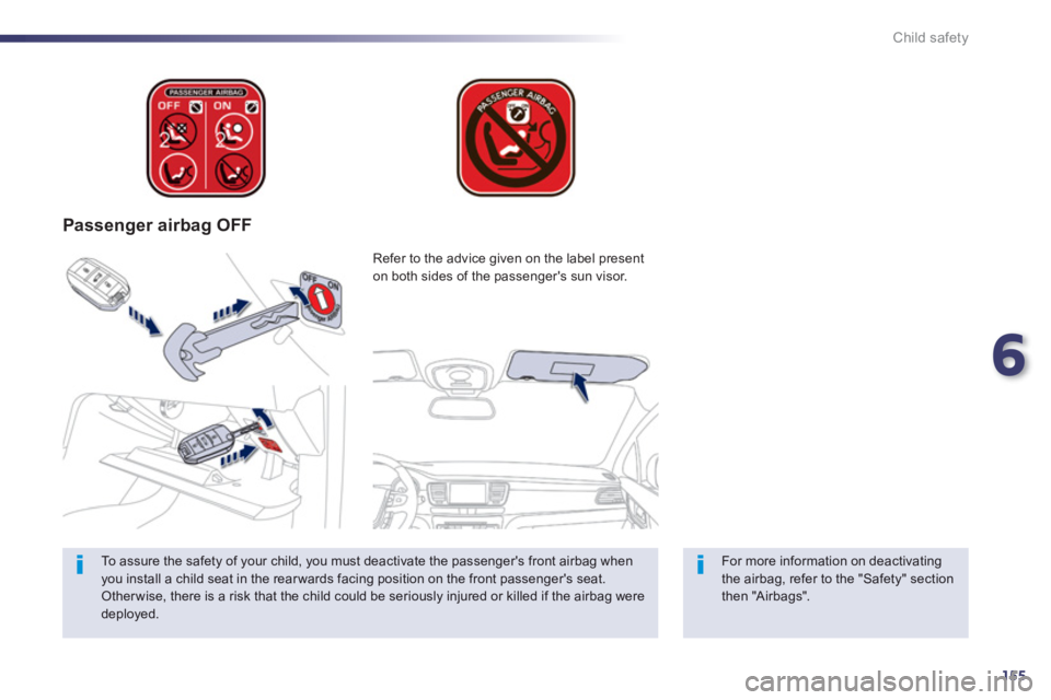 PEUGEOT 508 HYBRID DAG 2012  Owners Manual 6
155
Child safety
   
 
Passenger airbag OFF  
 
 
For more information on deactivatingthe airbag, refer to the "Safety" sectionthen "Airbags".   Re
fer to the advice given on the label present 
on b