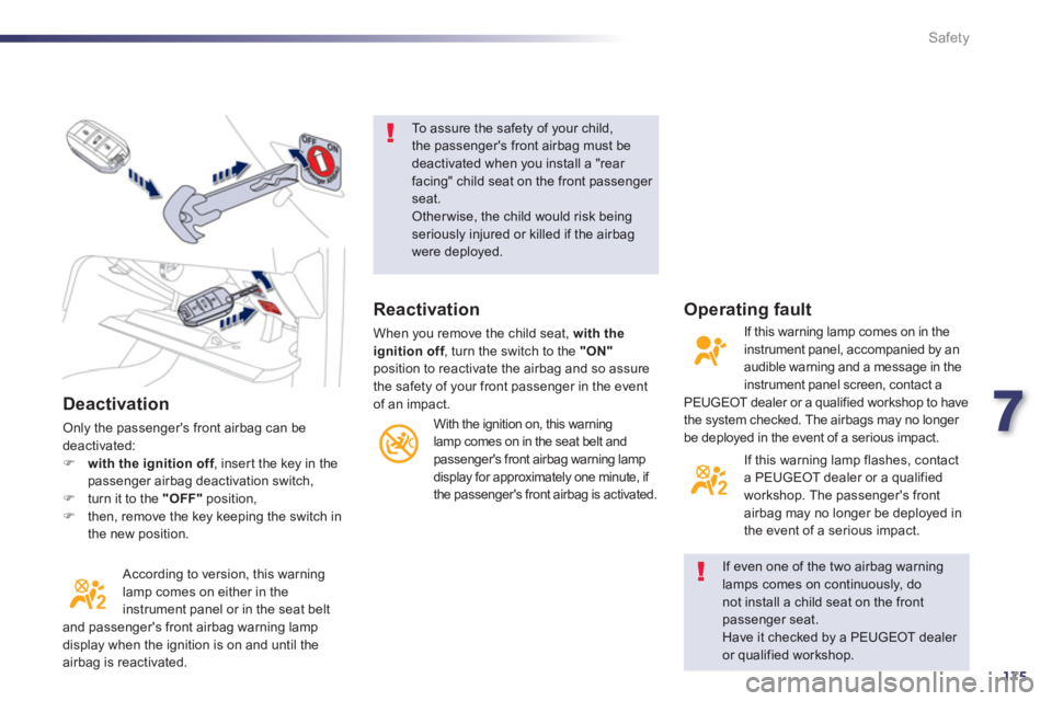 PEUGEOT 508 HYBRID DAG 2012  Owners Manual 7
175
Safety
   
Deactivation
 Only the passengers front airbag can be deactivated:�)with the ignition off, inser t the key in thefpassenger airbag deactivation switch, �)turn it to the "OFF"position