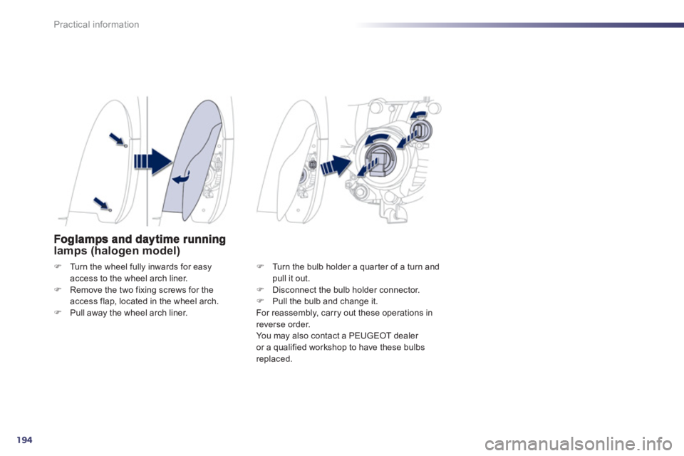 PEUGEOT 508 HYBRID DAG 2012  Owners Manual 194
Practical information
lamps (halogen model)
�)Turn the wheel fully inwards for easy access to the wheel arch liner. �)Remove the two fixing screws for the access flap, located in the wheel arch. �