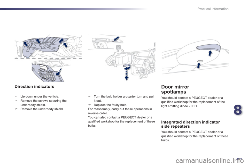 PEUGEOT 508 HYBRID DAG 2012  Owners Manual 8
195
Practical information
Direction indicators
�)Lie down under the vehicle. �)Remove the screws securing theunderbody shield. �)Remove the underbody shield.
�)    Turn the bulb holder a quar ter tu