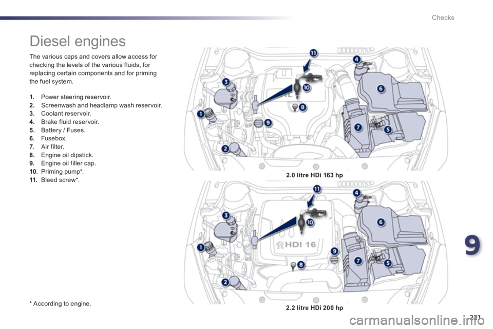 PEUGEOT 508 HYBRID DAG 2012 Owners Manual 9
221
Checks
The various caps and covers allow access for checking the levels of the various fluids, for
replacing cer tain components and for primingthe fuel system.
*
According to engine. PEUGEOT 508 HYBRID DAG 2012 Owners Manual 9
221
Checks
The various caps and covers allow access for checking the levels of the various fluids, for
replacing cer tain components and for primingthe fuel system.
*
According to engine.
