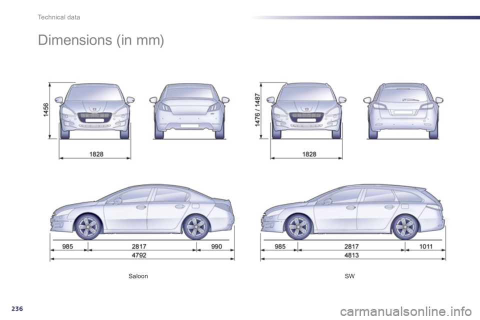 PEUGEOT 508 HYBRID DAG 2012 Owners Manual 236
Technical data
Saloon SW
Dimensions (in mm) PEUGEOT 508 HYBRID DAG 2012 Owners Manual 236
Technical data
Saloon SW
Dimensions (in mm)