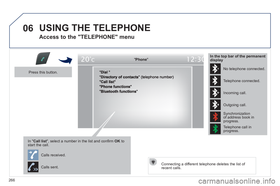 PEUGEOT 508 HYBRID DAG 2012  Owners Manual 
266
06 USING THE TELEPHONE
  
Access to the "TELEPHONE" menu 
"""""""oePhonePhonePhonePhonePhonePhonePhonePhonePhonePhonePhonePhonePhonePhonePhPhPhPh"""""""
  Press this button.  
In "Call list ", se