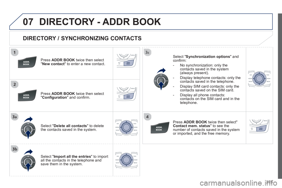 PEUGEOT 508 HYBRID DAG 2012 Owners Manual
275
07
DIRECTORY / SYNCHRONIZING CONTACTS
Press ADDR BOOKtwice then select "New contact" to enter a new contact.
Pr
ess ADDR BOOKtwice then select
" Con fi guration" and con fi rm.
Sel PEUGEOT 508 HYBRID DAG 2012 Owners Manual
275
07
DIRECTORY / SYNCHRONIZING CONTACTS
Press ADDR BOOKtwice then select "New contact" to enter a new contact.
Pr
ess ADDR BOOKtwice then select
" Con fi guration" and con fi rm.
Sel