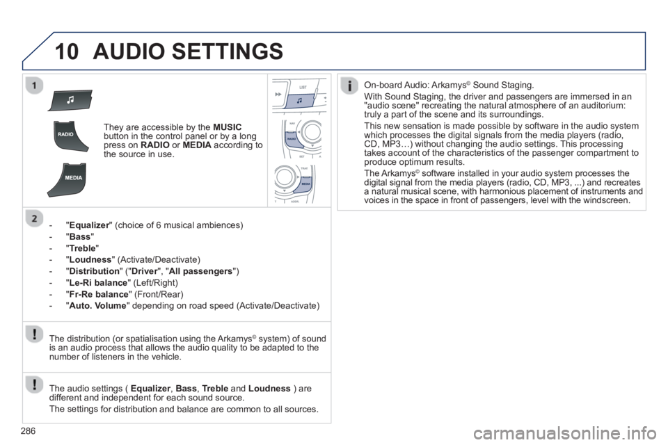 PEUGEOT 508 HYBRID DAG 2012 Owners Manual
286
10AUDIO SETTINGS
They are accessible by the MUSICbutton in the control panel or by a longpress on RADIO or MEDIAaccording to
the source in use.
- "
Equalizer" (choice of 6 musical ambienc PEUGEOT 508 HYBRID DAG 2012 Owners Manual
286
10AUDIO SETTINGS
They are accessible by the MUSICbutton in the control panel or by a longpress on RADIO or MEDIAaccording to
the source in use.
- "
Equalizer" (choice of 6 musical ambienc